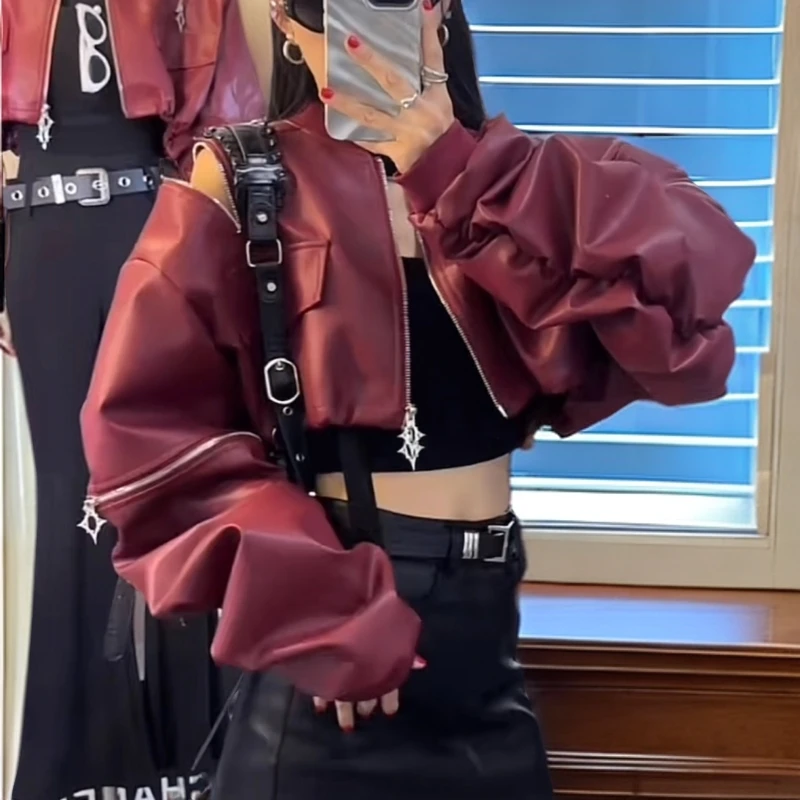 欧货女装2025春季新款小众酷辣肩膀拉链机车短款PU皮夹克皮外套女