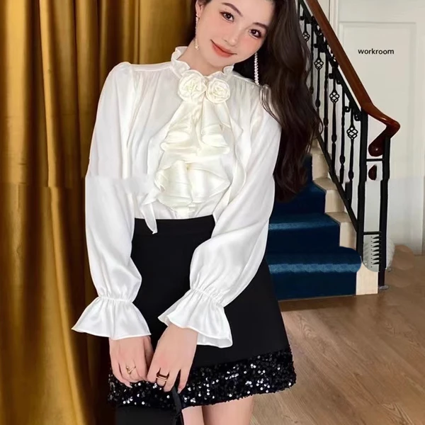 网红同款2025春季新款小香风立体花朵褶皱花边气质雪纺衬衫衬衣女