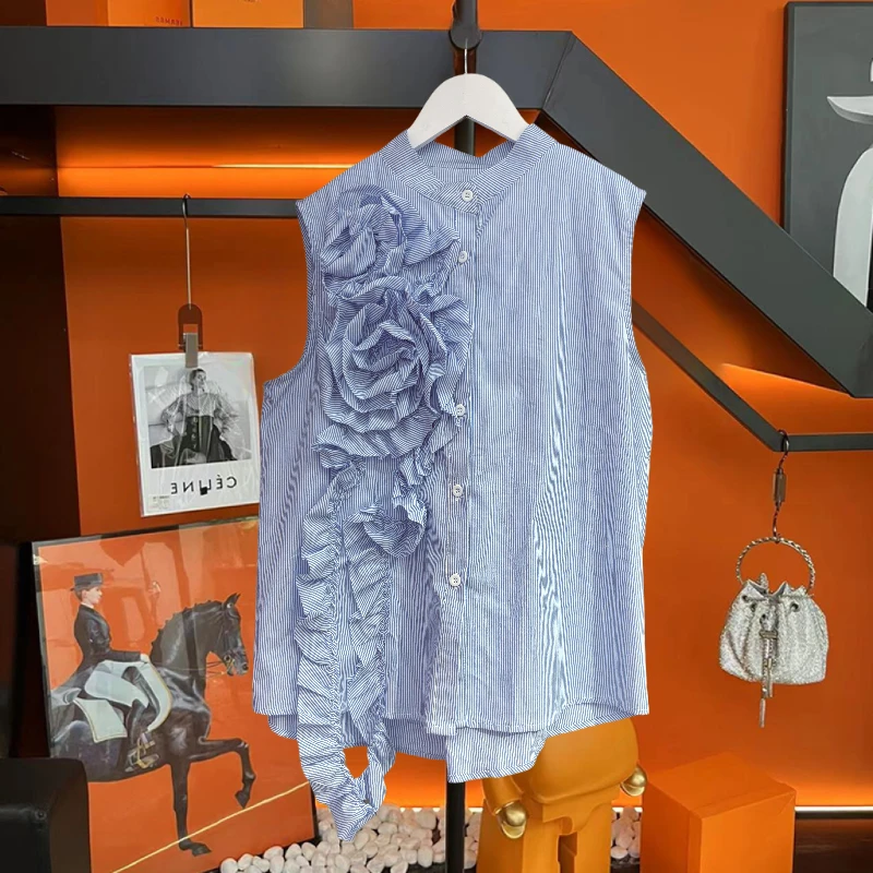 2025夏季新款法式气质立体荷叶边拼接圆领无袖条纹衬衫女休闲衬衣