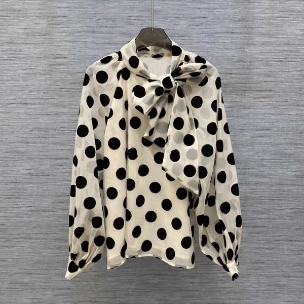 2025年春秋新款气质飘带蝴蝶领泡泡袖立领长袖衬衫女宽松波点衬衣