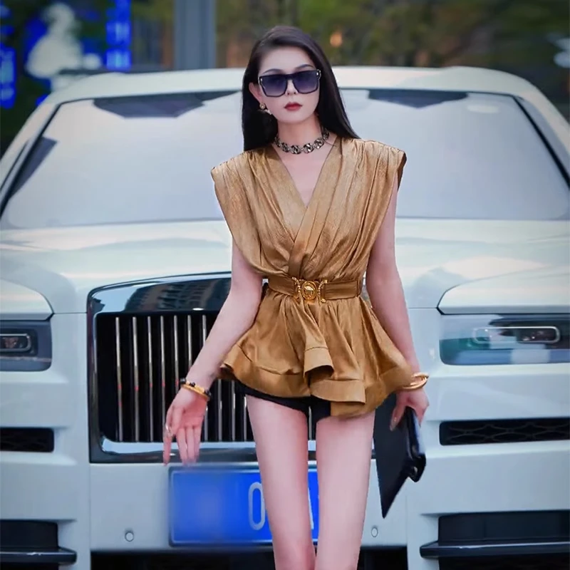 名媛气质减龄无袖V领T恤女夏季新款修身收腰褶皱荷叶边衬衫上衣潮