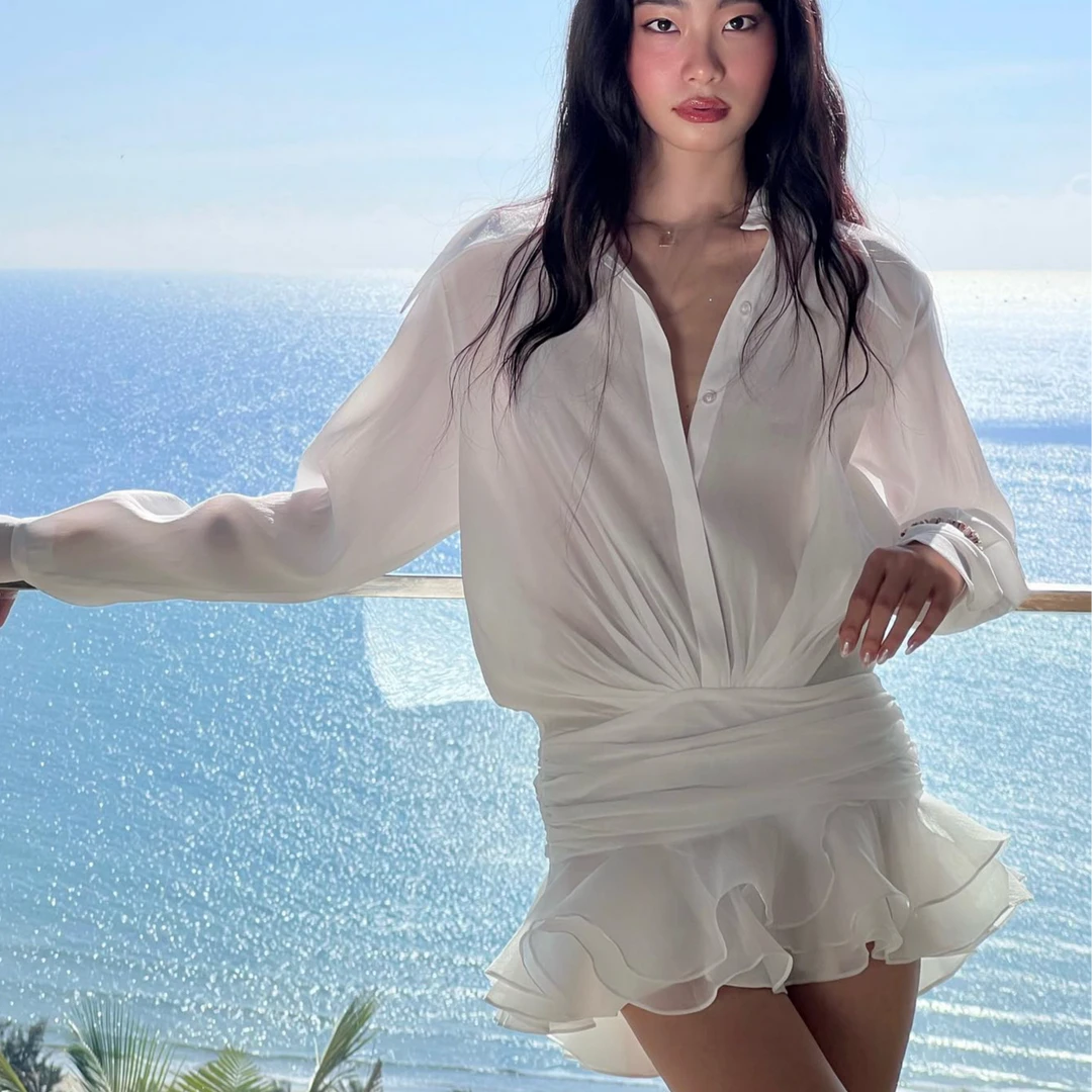 法式荷叶边白色衬衫裙子女春秋辣妹短裙气质高级设计感长袖连衣裙