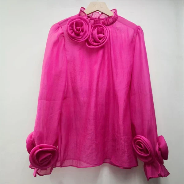 高级感立体花朵玫红色衬衫女士宽松洋气微透气质名媛小衫法式上衣