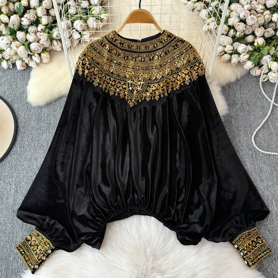 2025年春季法式气质重工亮片灯笼袖衬衫女高级感洋气宽松雪纺衬衣