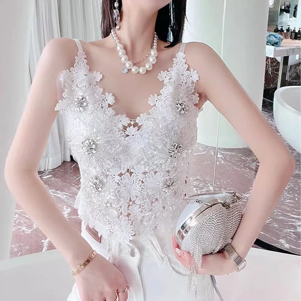 2025夏季新款重工水钻蕾丝防走光钉钻刺绣钩花性感吊带美背内搭女