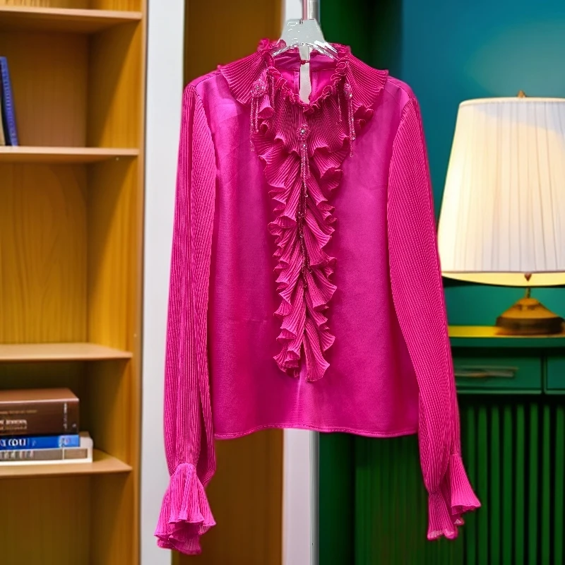 复古港味2025秋季新款镶钻串珠流苏木耳花边拼接立领百搭长袖衬衫