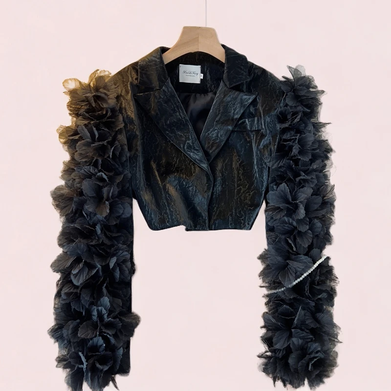 2025春季新款百搭翻领立体花朵拼接PU皮短款外套女高级感夹克上衣
