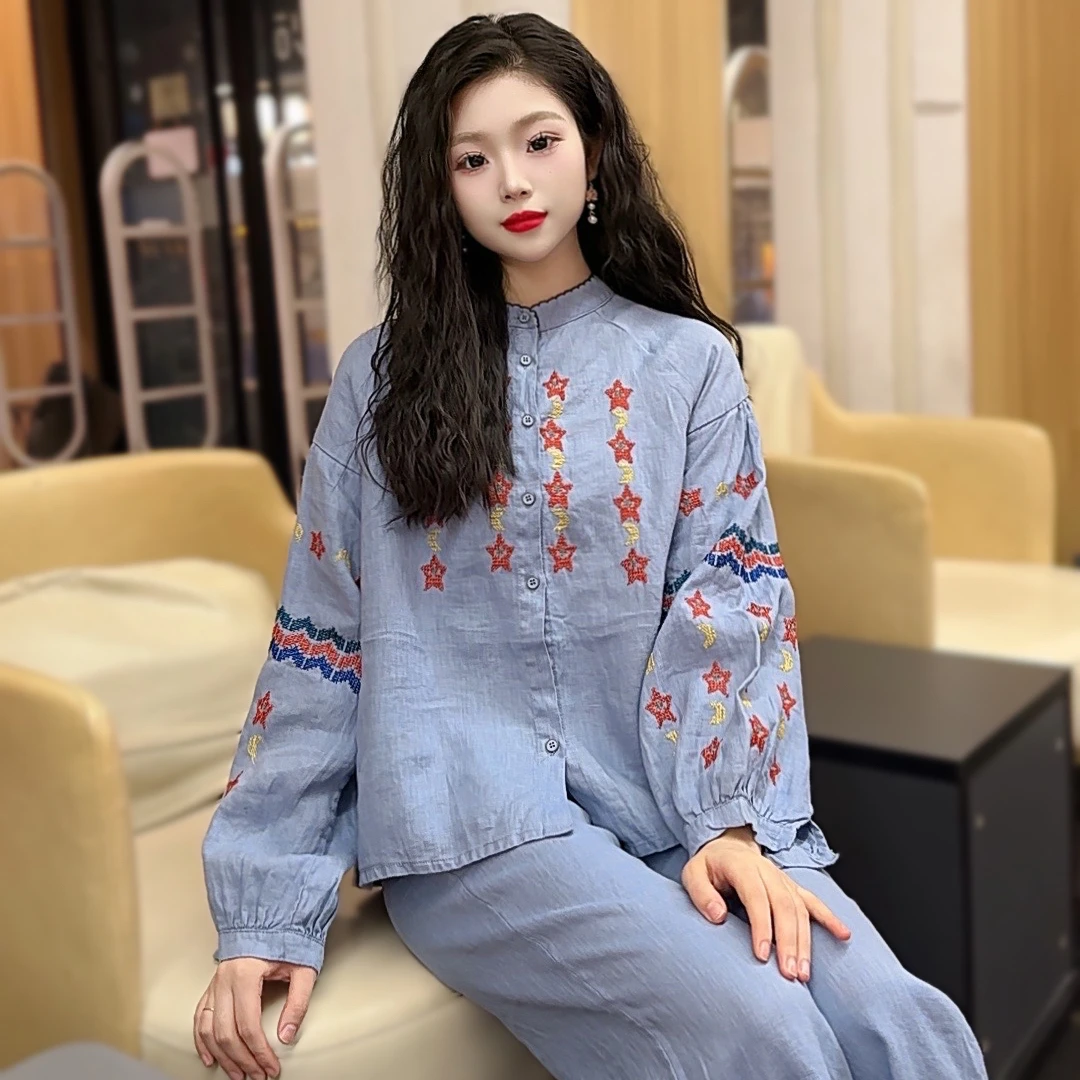 原创设计 进口砂洗纯亚麻高定十字刺绣灯笼袖长袖衬衫女早秋新款