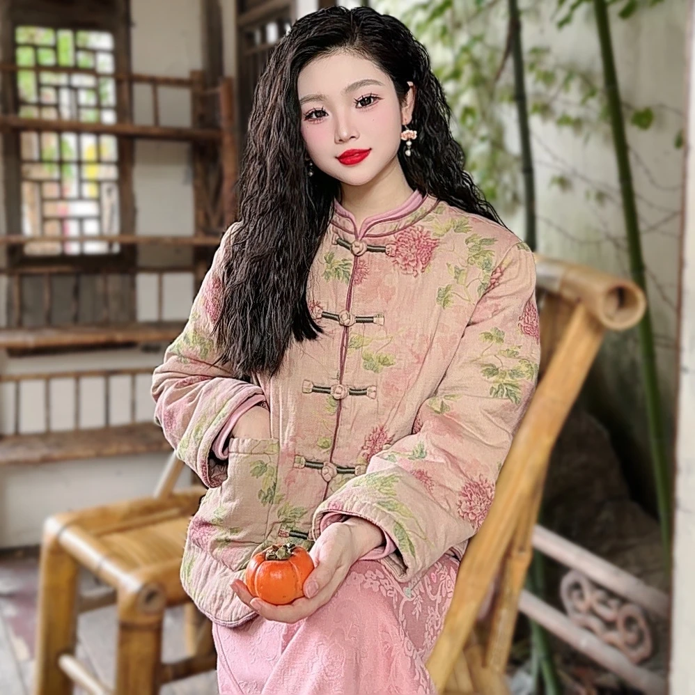 复古国风立领手工绕线盘扣牡丹印花加厚保暖棉服女冬季禅意外套