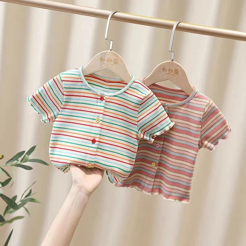 女童高弹短袖2025新款儿童夏季公主风条纹t恤宝宝夏款百搭上衣潮