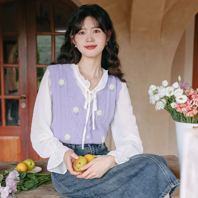 【如意专属】TU12882小清新长袖衬衫针织马甲两件套背心上衣套装