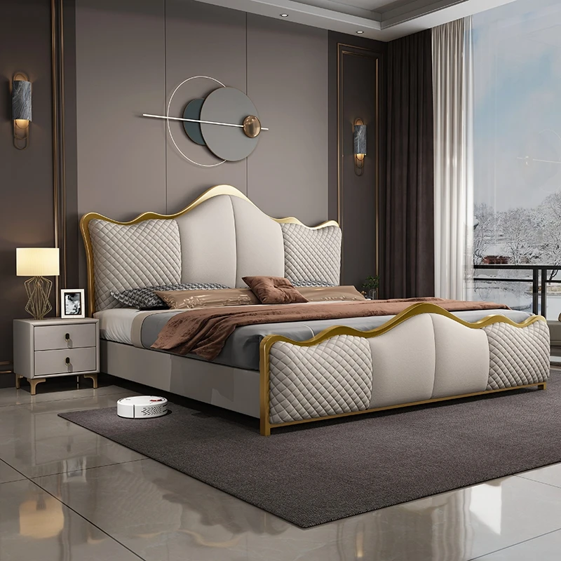 轻奢牛皮床主卧室婚床双人大床意式皮床公主床免洗软体床#x506