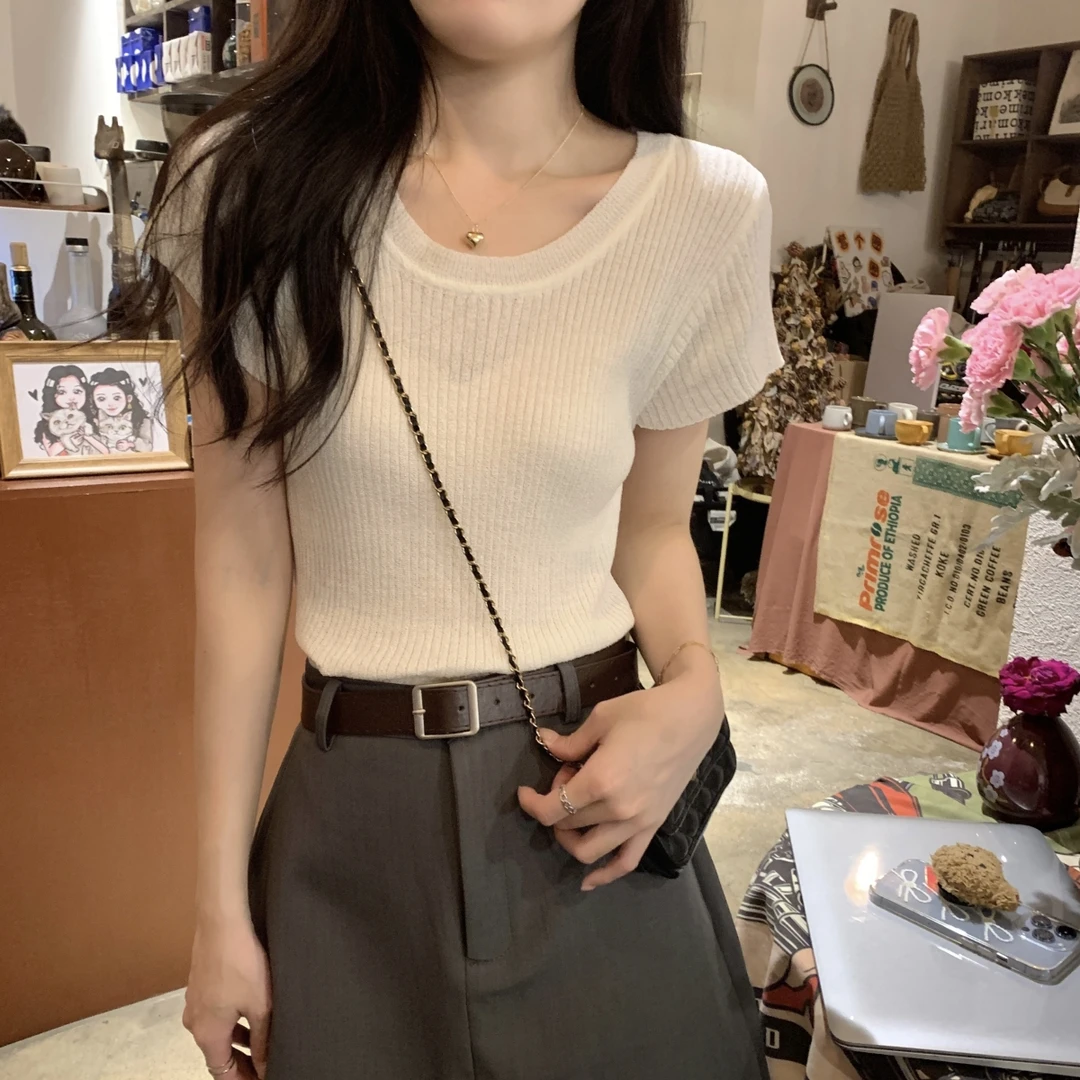 2024春秋韩版修身气质U领百搭坑条设计感针织短袖女上衣5115#