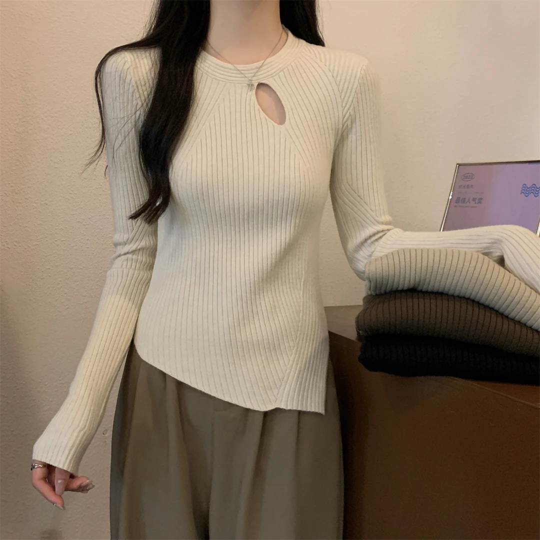 2023秋冬韩版修身不规则镂空设计感内搭安迪绒针织打底毛衣5020#