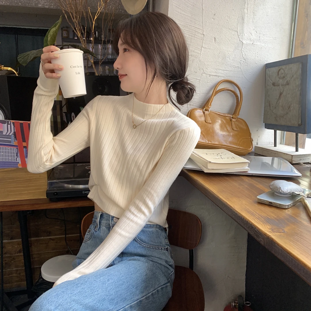 2023秋冬韩版修身短款内搭气质半高领针织衫打底女毛衣7158#