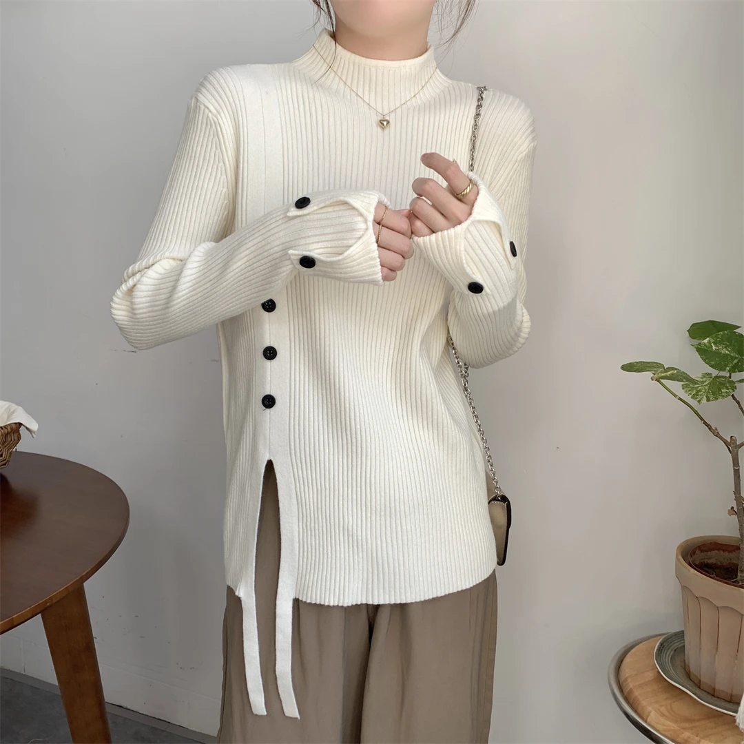 2023秋冬韩版半高领气质纽扣别致内搭安迪绒针织打底毛衣女4980#