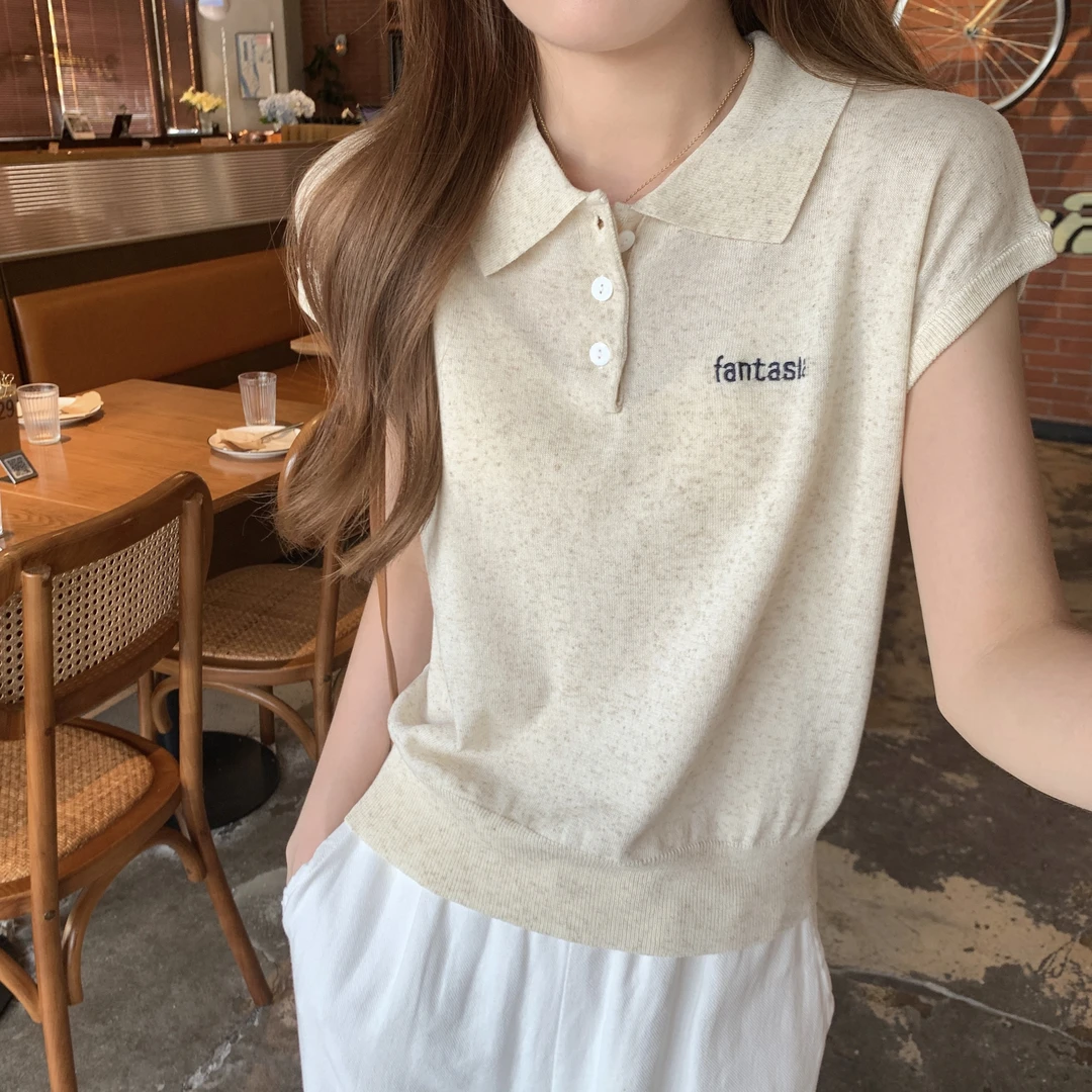 2024春夏季小众设计感休闲韩版纯色POLO领针织短袖上衣女2787#