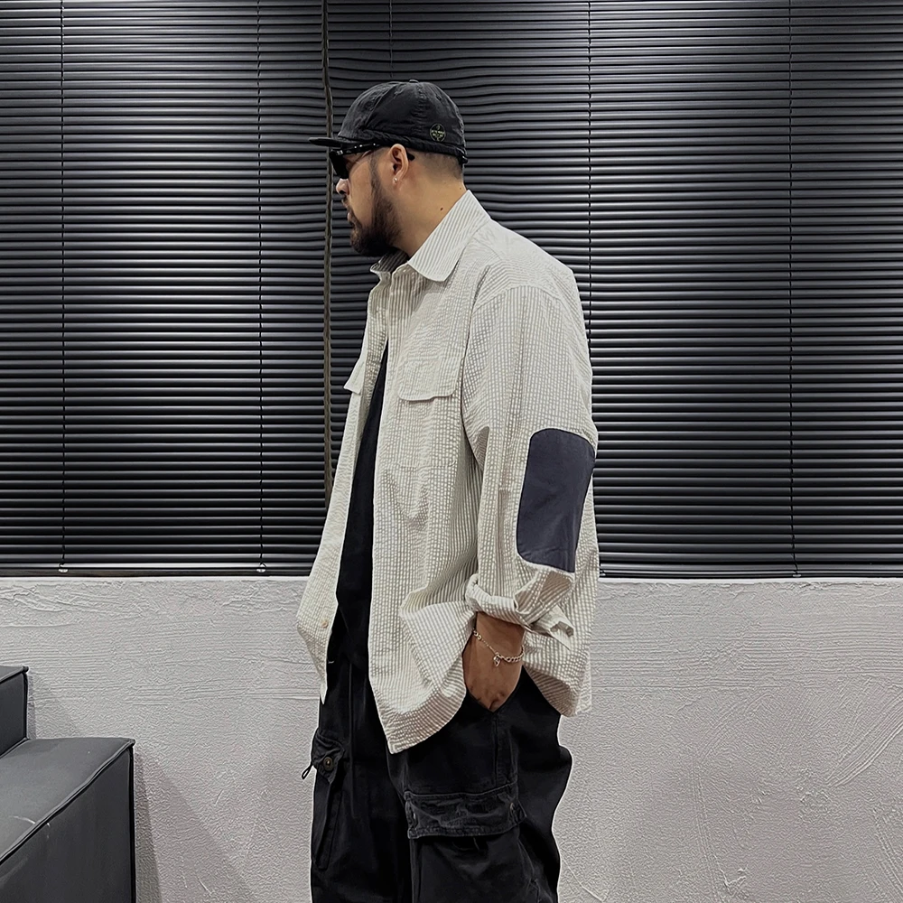 日系全棉泡泡纱条纹衬衣 补丁拼色基础百搭潮流男士宽松衬衫