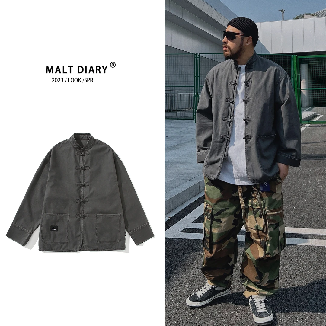 MaltDiary 设计师款式男外套帅气百搭唐装水洗磨旧盘扣开衫夹克