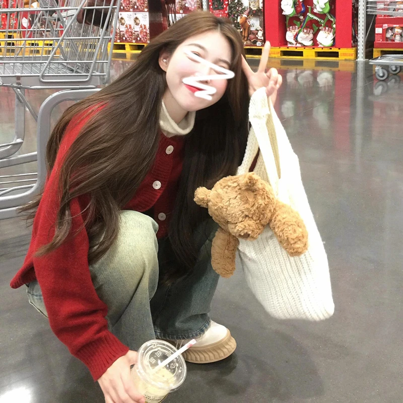 GN7358秋冬2025新款圣诞氛围感穿搭红色毛衣外套女慵懒风针织开衫