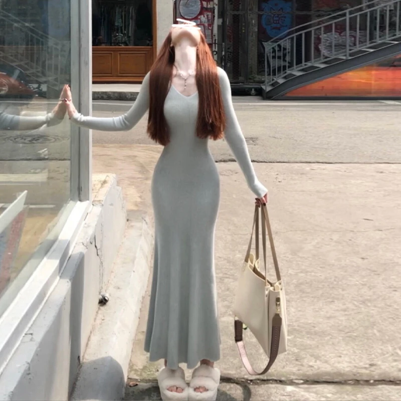 GN7389法式气质灰色穿搭长袖连衣裙子女装春季新款包臀设计感长裙
