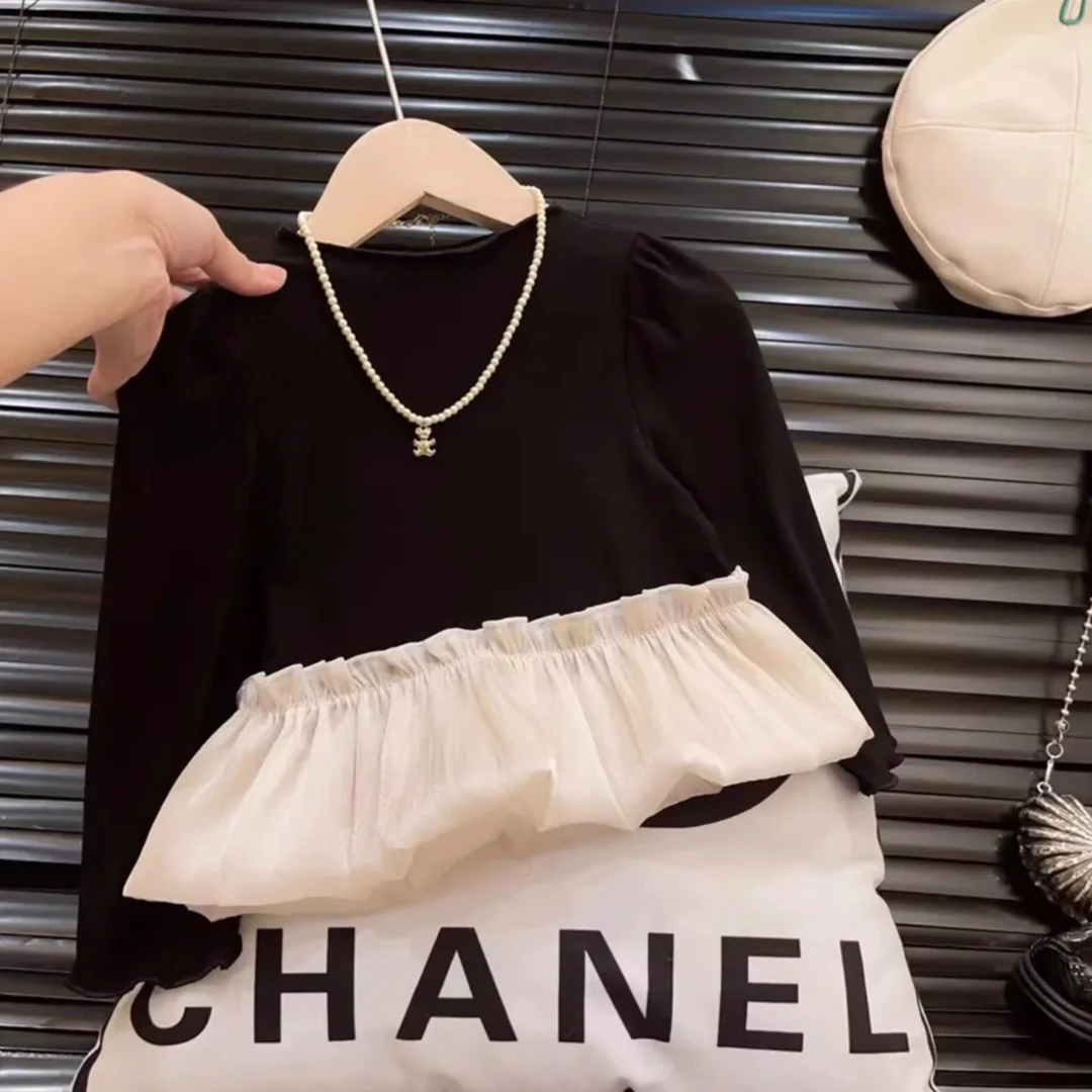 2025韩版春秋季女童新款气质黑色长袖打底衫洋气女宝宝连衣裙女童