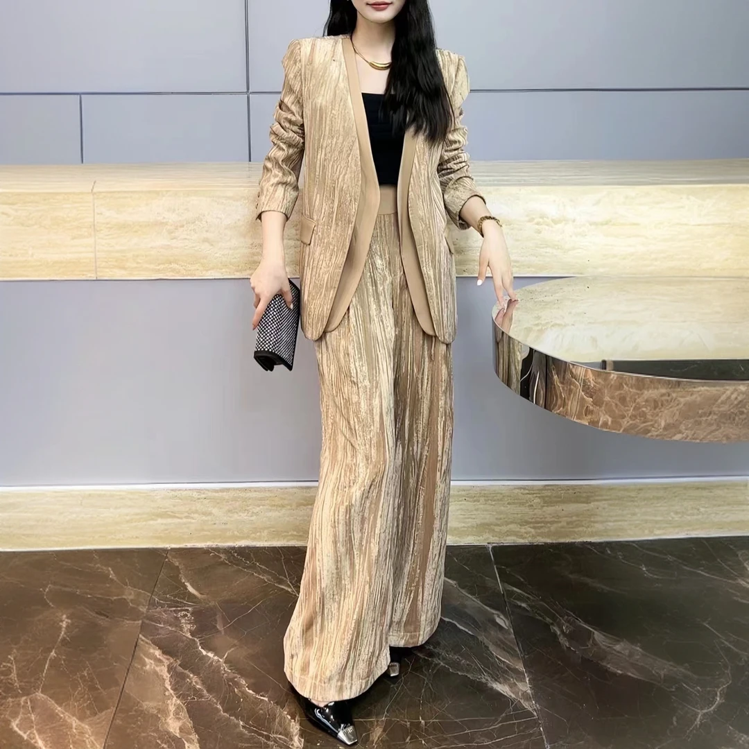 金丝绒套装女2024秋款V领长袖无扣上衣配后松紧腰丝绒直筒裤