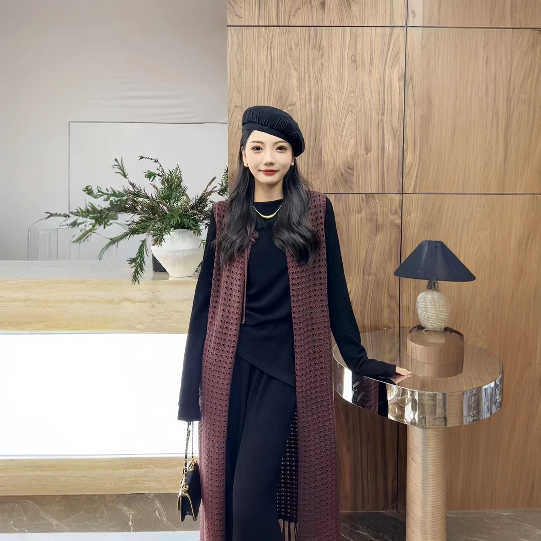 韩版2024春秋流苏针织衫背心中长款毛衣线马甲外套设计感开衫女潮