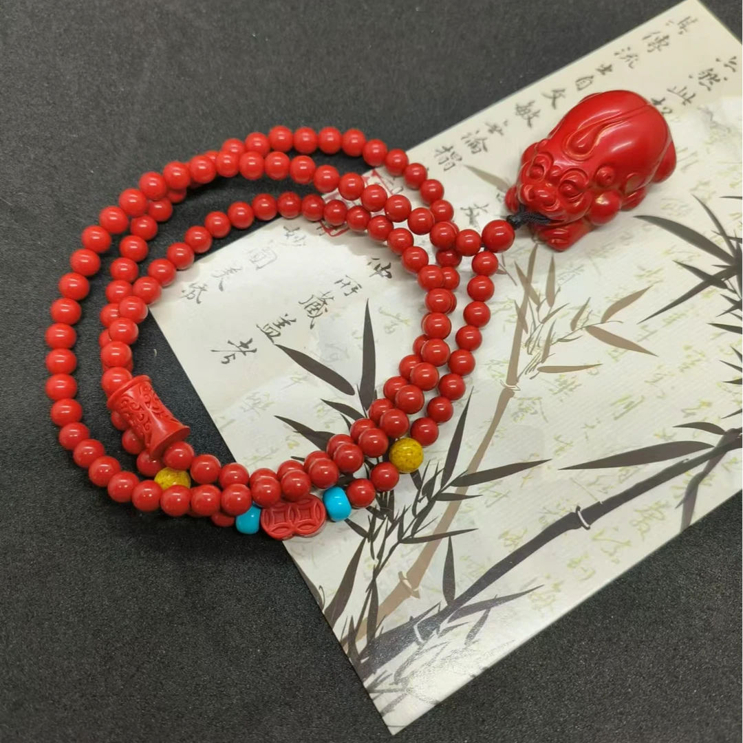 天然辰砂天然辰砂含辰砂工艺品天然红砂5mm珠串貔貅毛衣链