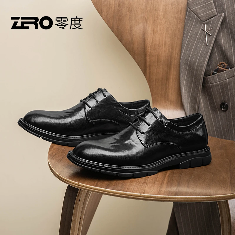 零度男鞋时尚春季皮鞋子春季新品真皮皮鞋黑色百搭婚鞋男款B33509