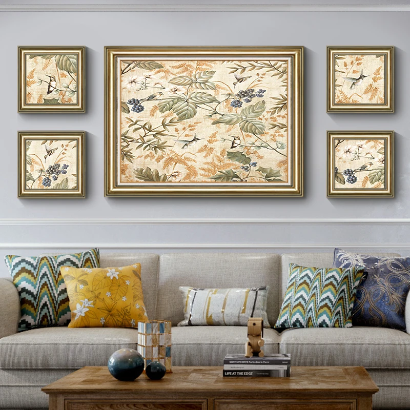 《花鸟知春》美式客厅装饰画沙发背景墙挂画组合挂画大气壁画墙画