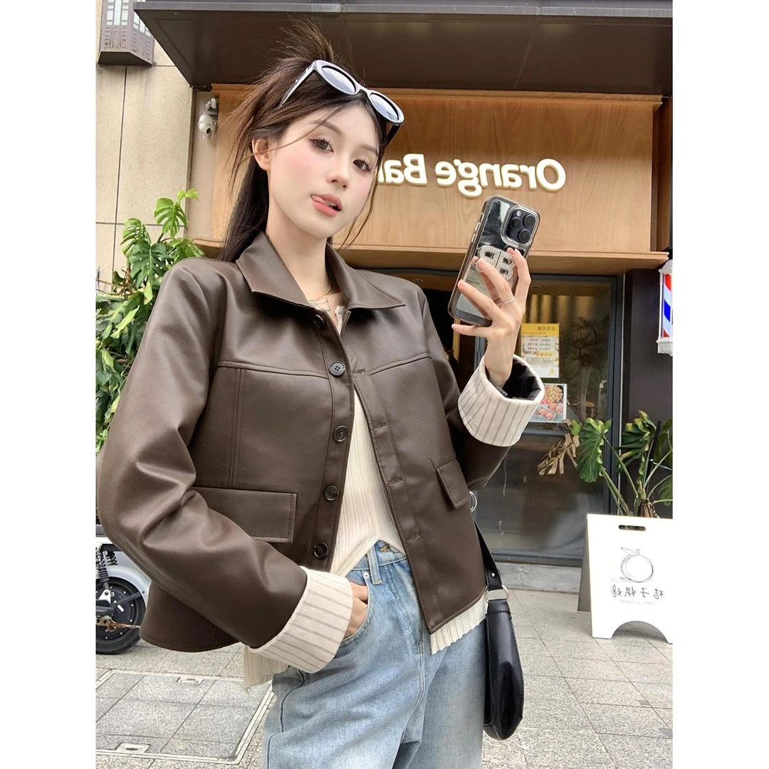 2023大码美式复古长袖皮衣外套女秋季新款宽松洋气街头机车上衣