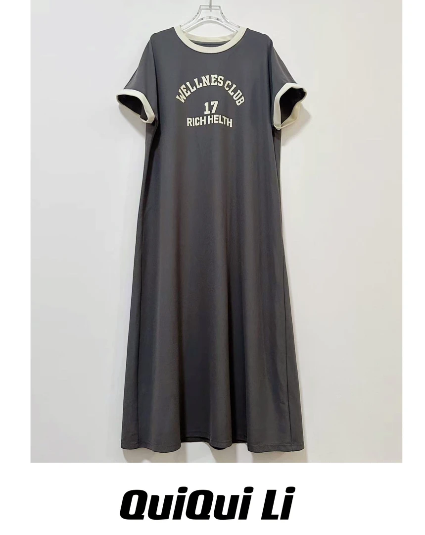 （清仓）大码韩系懒人穿搭女夏季短袖字母印花拼色休闲长款连衣裙