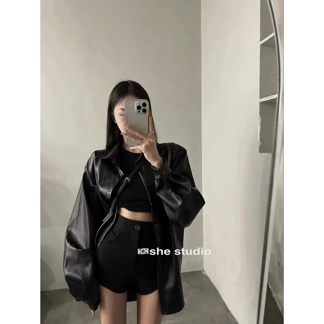 大码秋冬新款韩版慵懒百搭休闲PU皮外套