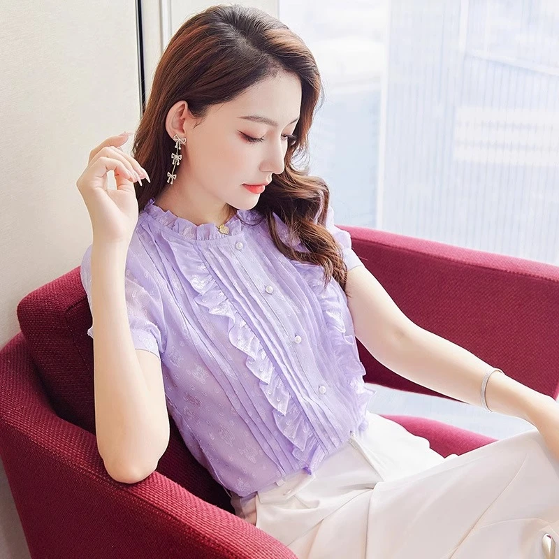 洋气木耳边雪纺衬衫女短袖2025夏装新款气质优雅紫色设计感上衣