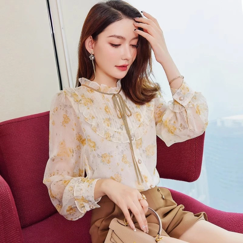 YOULI印花雪纺衬衫女长袖2025春季新款气质复古小衫时尚修身上衣