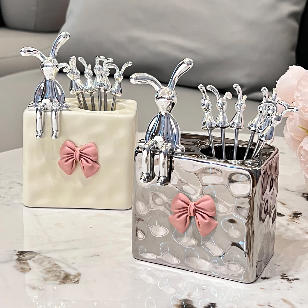 BSD轻奢水果叉套装家用甜品叉子收纳罐不锈钢儿童水果小叉子高级