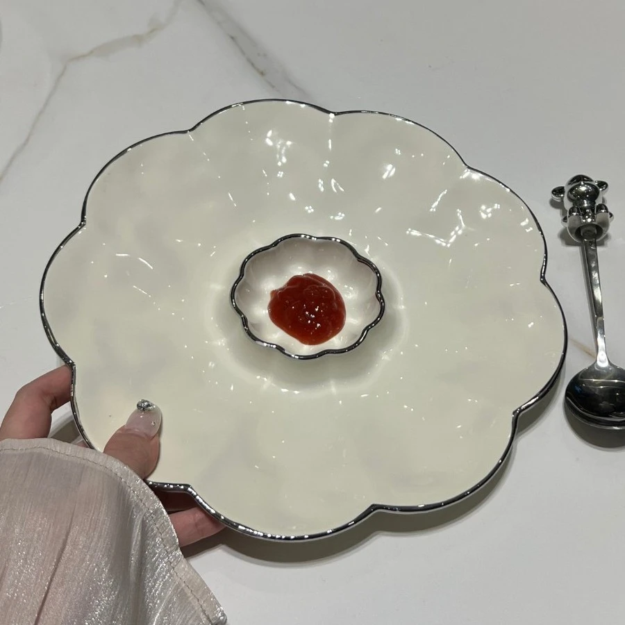 圆形饺子专用盘带醋碟早餐盘蘸料菜盘碟子双耳创意盘子餐具饺子盘