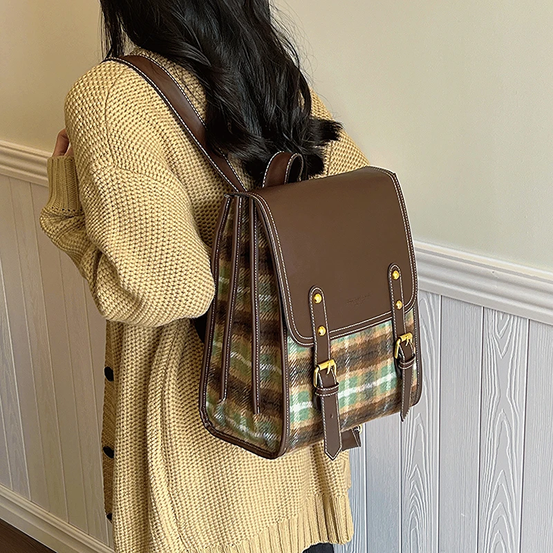 佐猫双肩包包女款爆款2025新款秋冬格子多层书包高级感学院风背包