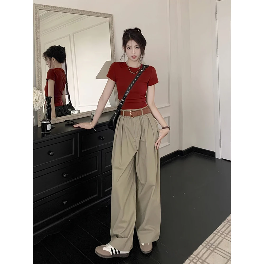 辣妹风酒红色正肩短袖t恤女修身短上衣夏季美式复古高腰打底小衫