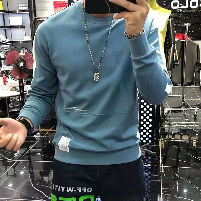 男士秋冬新款潮流潮牌修身圆领套头加绒加厚休闲长袖卫衣男潮