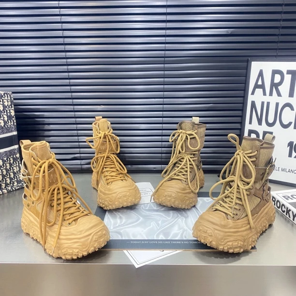 欧货2024新款帆布复古卡扣系带马丁靴贝壳头速溶厚底轻便系带女鞋