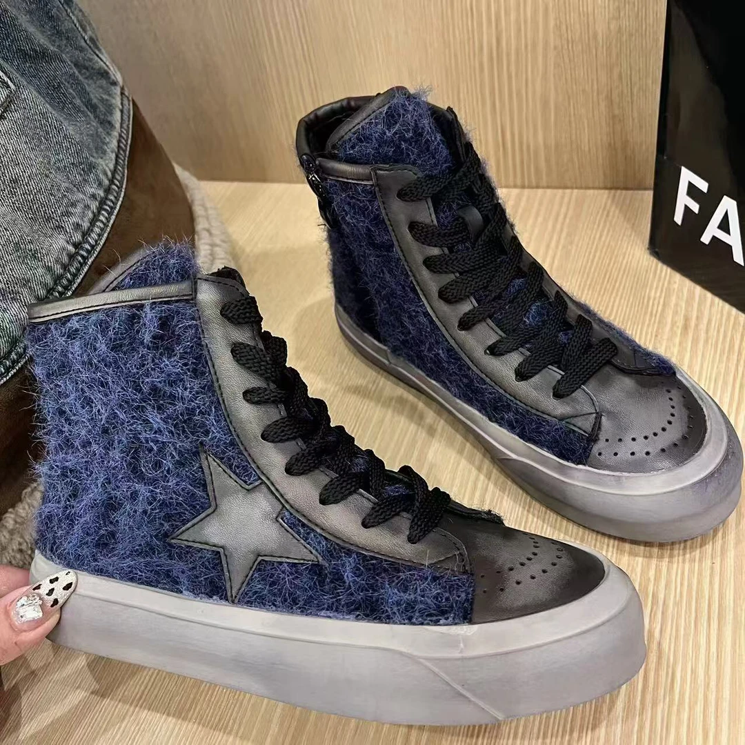 高帮加绒厚底星星鞋复古做旧休闲百搭女鞋冬季