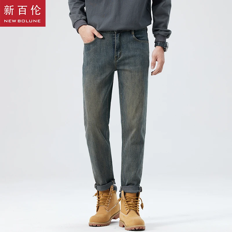 新百伦2025秋冬新款水泥灰男款牛仔裤修身小脚显瘦弹力男士小直筒