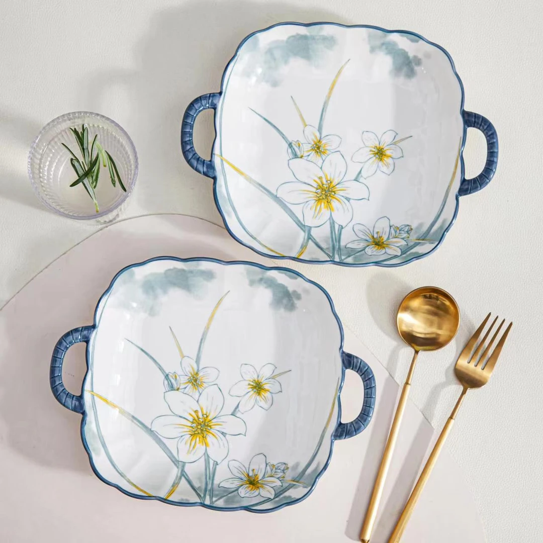 水仙花双耳方盘家用菜盘深汤盘创意水果盘个性早餐盘网红餐具