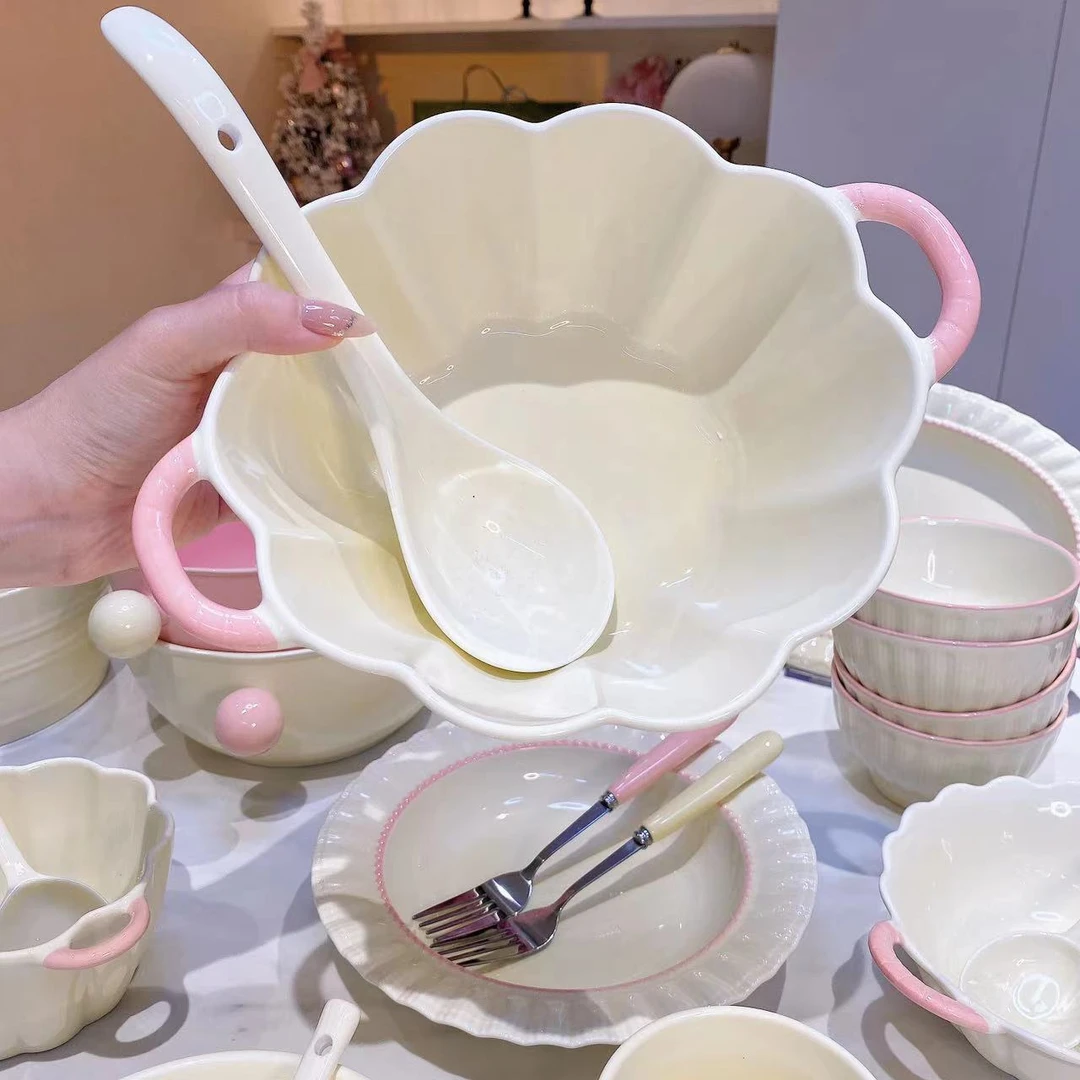 奶fufu超高颜值双耳大汤碗陶瓷南瓜碗勺耐高温家用餐具套装