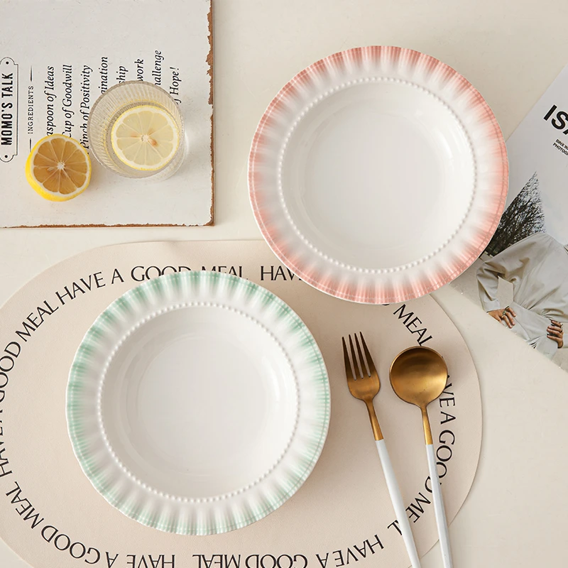 渐变色ins风陶瓷西餐盘花边草帽盘深盘高级感意面盘蛋糕盘