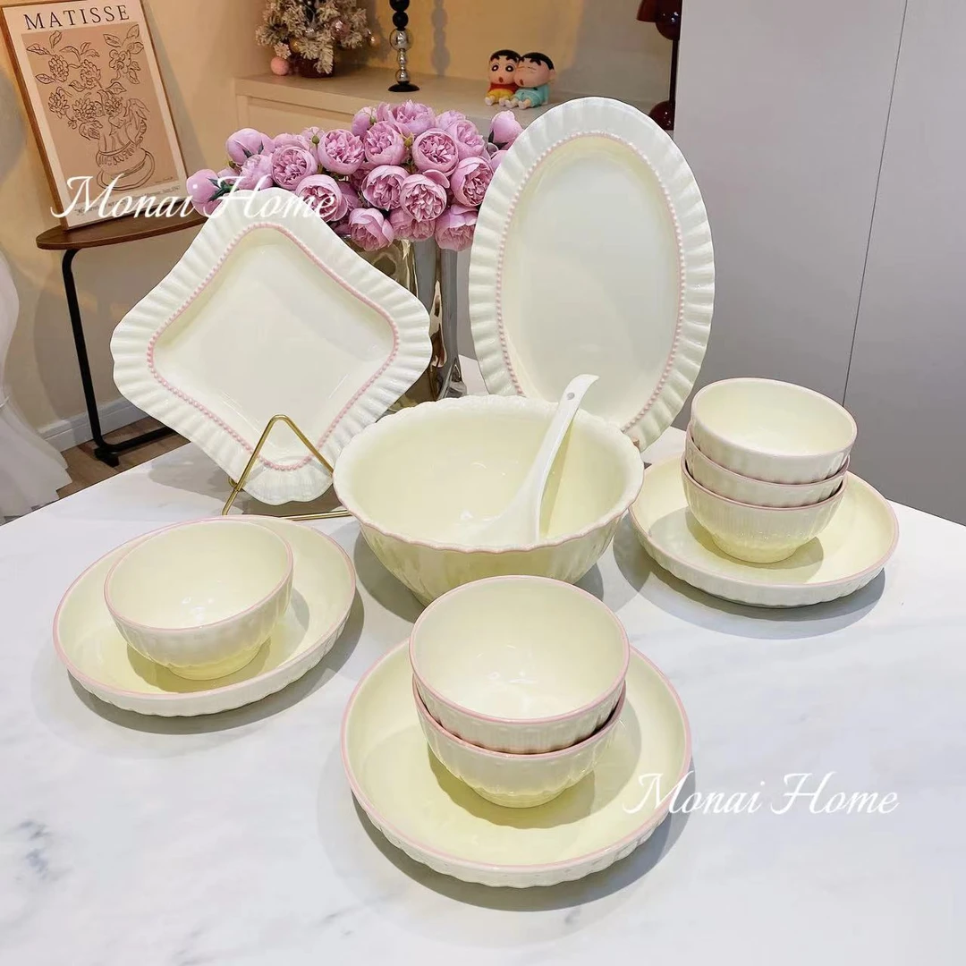 【奶油黄/13件套】釉下彩陶瓷餐具碗盘鱼盘盘子菜盘大汤碗碗碟套装