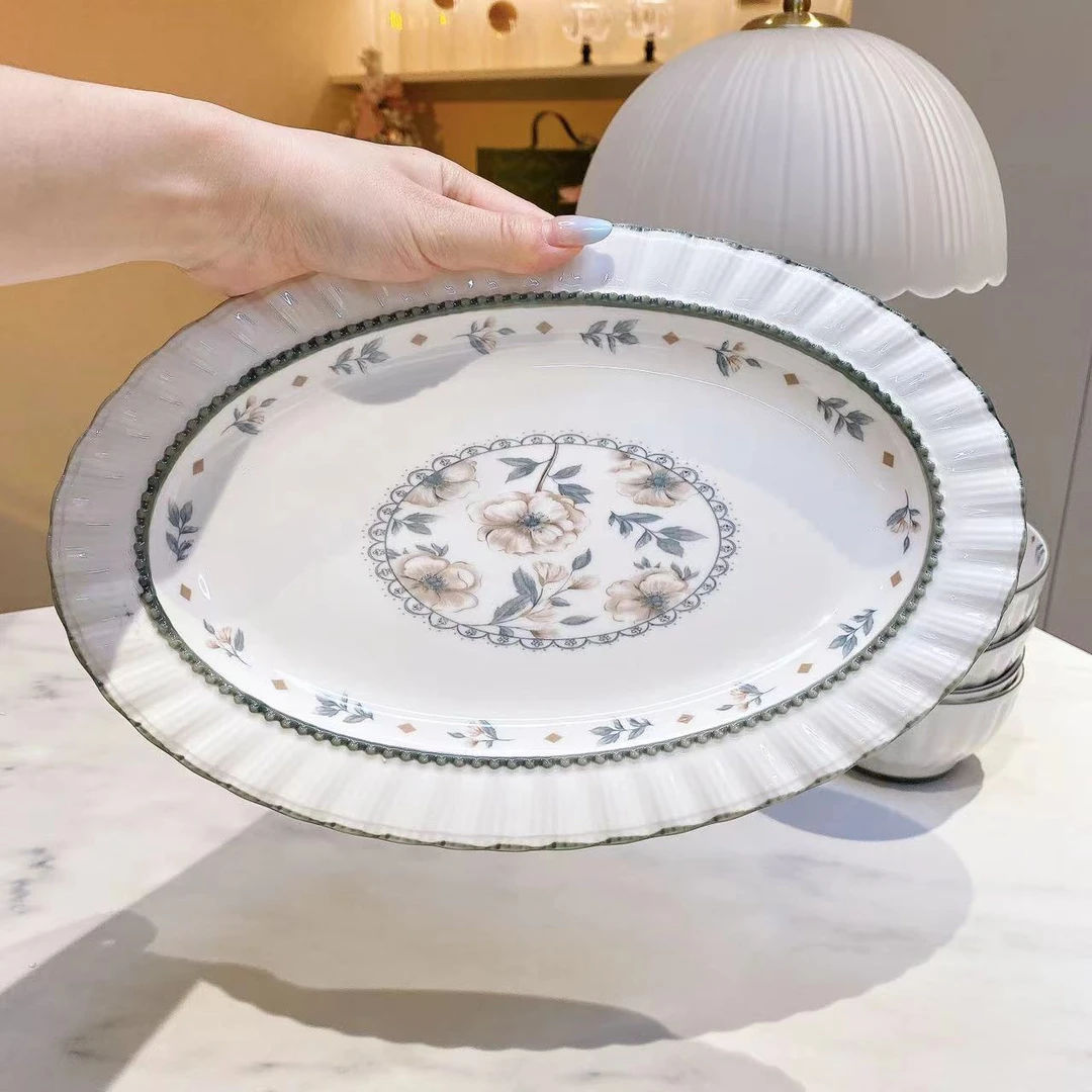 夏茉陶瓷鱼盘家用蒸鱼盘子汤盘深盘菜盘高级感大号装鱼盘