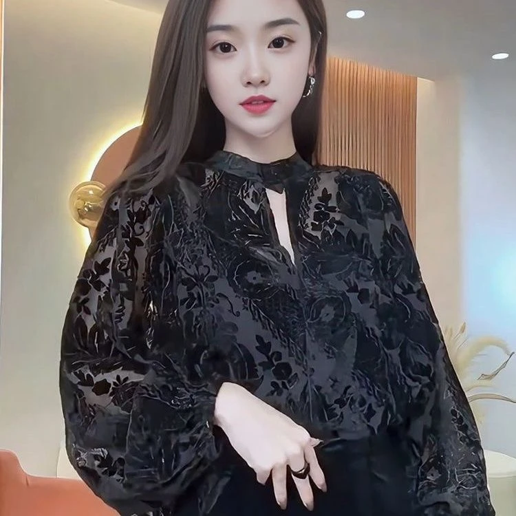 正反两穿蕾丝长袖衬衫女高级感气质镂空网纱拼接雕花植绒减龄上衣